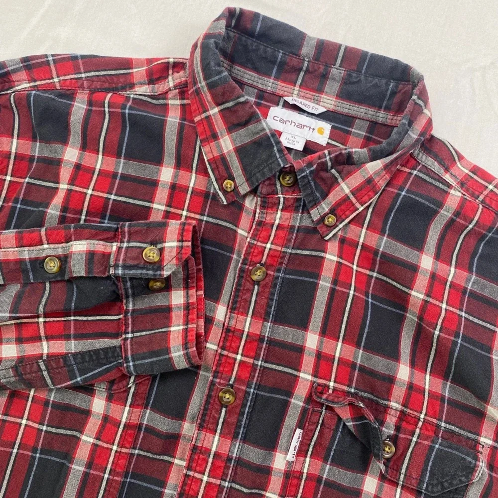 Carhartt Relaxed Fit Plaid Flannel Shirt Mens XL Red Black Rugged Work Pockets‎